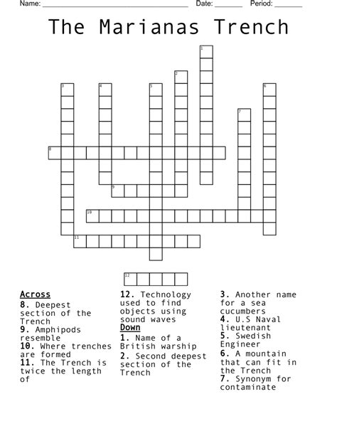 Territory near the mariana trench crossword - The Crossword Solver found 30 answers to "like the mariana trench", 4 letters crossword clue. The Crossword Solver finds answers to classic crosswords and cryptic crossword puzzles. Enter the length or pattern for better results. Click the answer to find similar crossword clues . Enter a Crossword Clue. Sort by Length. # of Letters or Pattern.